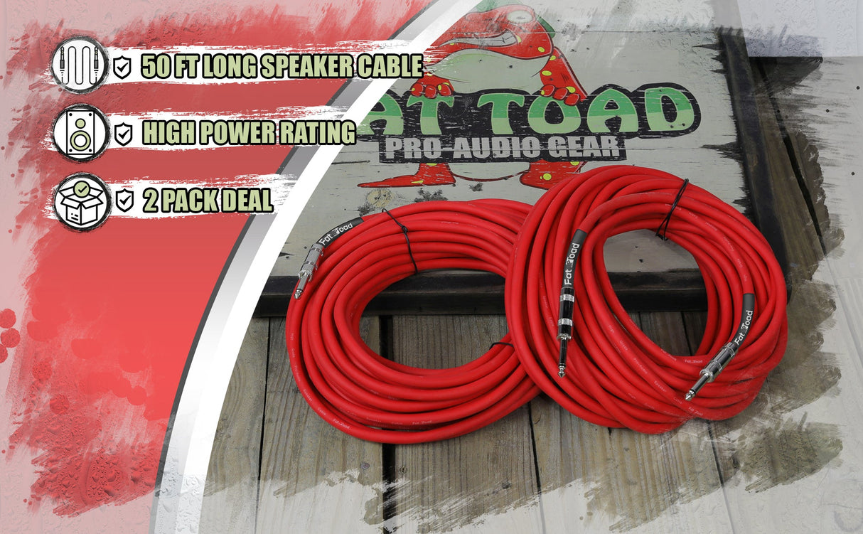 Male Jack Speaker Cables (2 Pack) (1/4" to 1/4) by FAT TOAD - 50ft Professional Pro Audio Red DJ from GeekStands