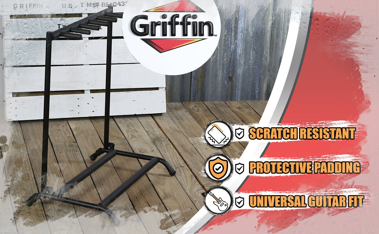 Five Guitar Rack Stand by GRIFFIN - Holder for 5 Guitars & Folds Up For Transport Neoprene Padding from GeekStands