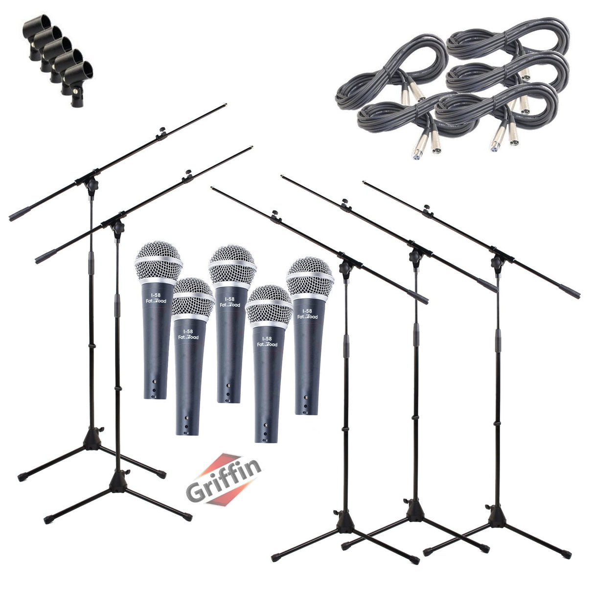 GRIFFIN Microphone Stand Package of 5 with Vocal Unidirectional Handheld Mics & XLR Cables from GeekStands