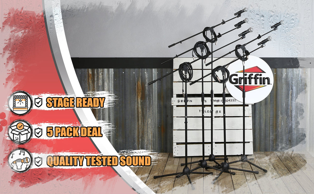 GRIFFIN Microphone Stand Package of 5 with Vocal Unidirectional Mics & XLR Cables - Handheld Cardioid Dynamic Microphones for Home Studio Recording from GeekStands