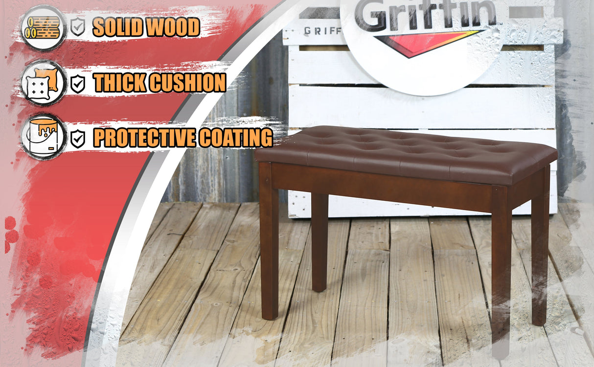 GRIFFIN Brown Wood PU Leather Piano Bench - Double Vintage Design, Ergonomic Chair Musicians Keyboard Stool - Cushion Duet Seat & Sheet Music Storage from GeekStands