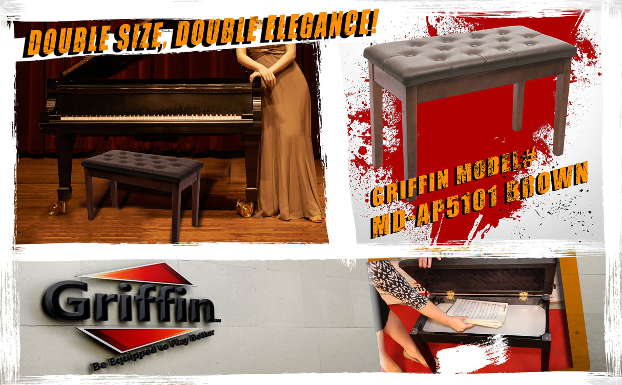 GRIFFIN Brown Wood PU Leather Piano Bench - Double Vintage Design, Ergonomic Chair Musician Keyboard from GeekStands