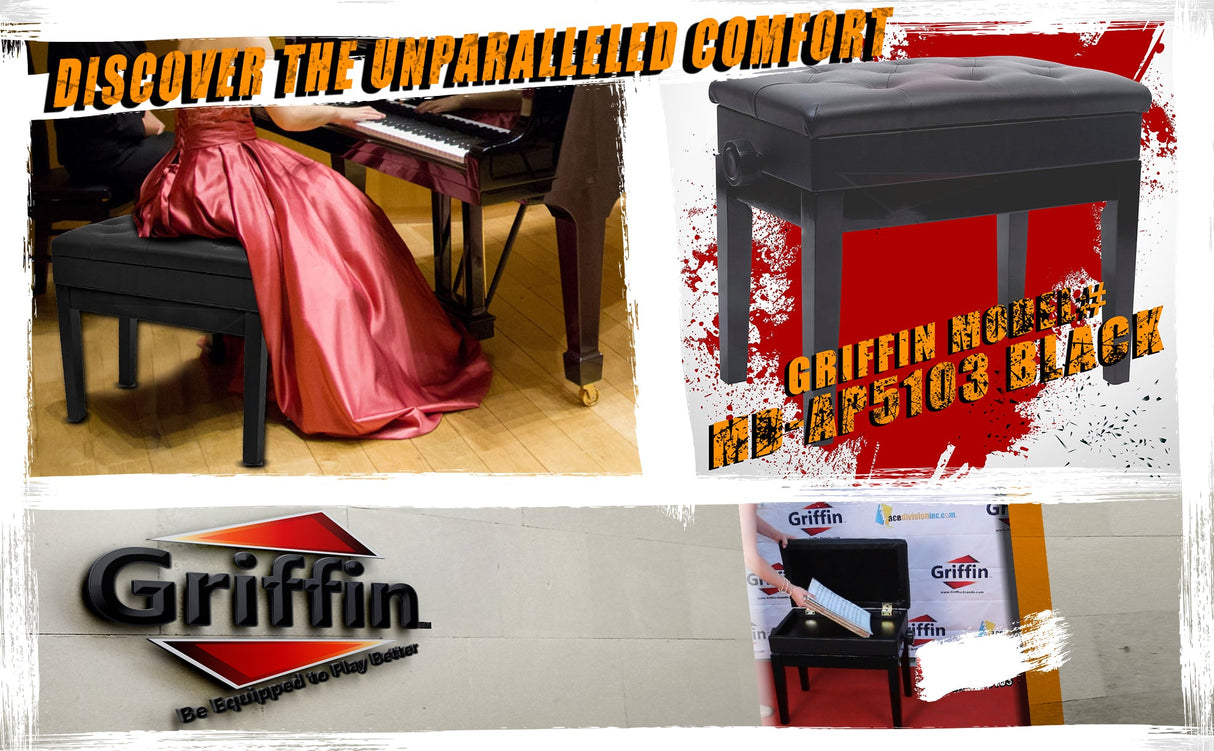 GRIFFIN Premium Antique Piano Bench - Adjustable Black Solid Wood Frame & PU Leather Padded Cushion from GeekStands