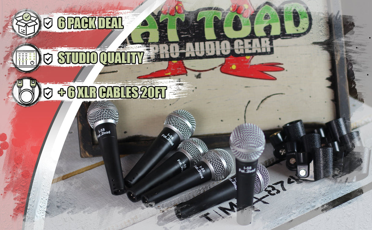 Cardioid Vocal Microphones with XLR Mic Cables & Clips (6 Pack) by FAT TOAD - Dynamic Handheld from GeekStands