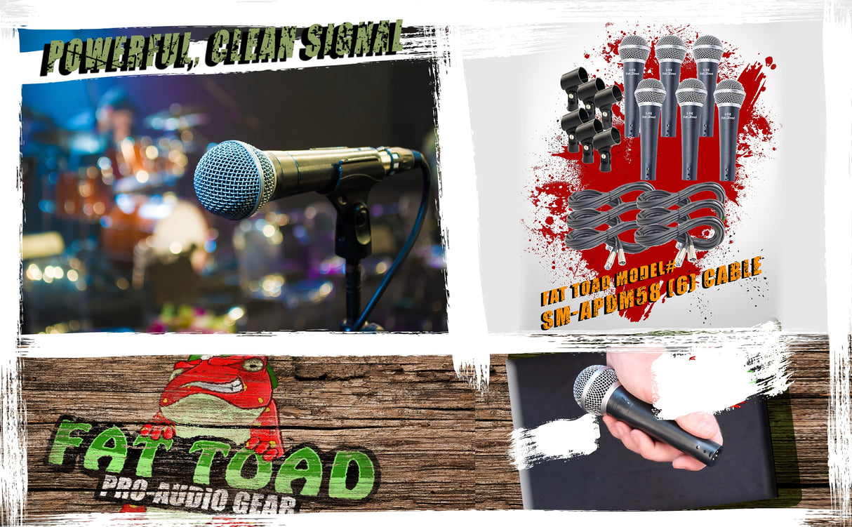 Cardioid Vocal Microphones with XLR Mic Cables & Clips (6 Pack) by FAT TOAD - Dynamic Handheld from GeekStands