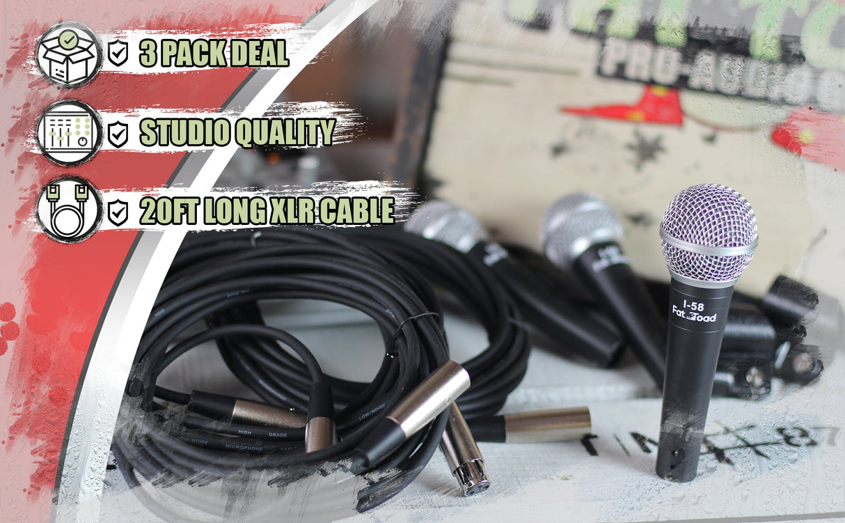 Dynamic Vocal Microphones with XLR Mic Cables & Clips (3 Pack) by FAT TOAD - Cardioid Handheld from GeekStands