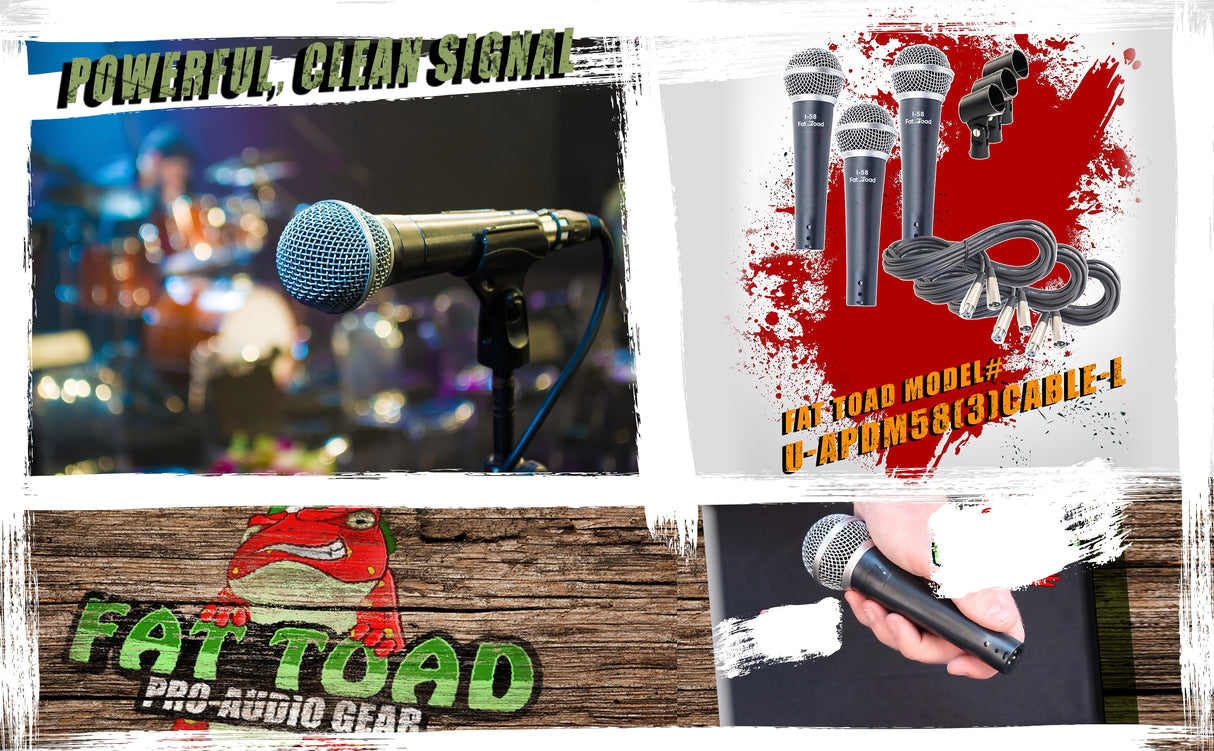 Dynamic Vocal Microphones with XLR Mic Cables & Clips (3 Pack) by FAT TOAD - Cardioid Handheld from GeekStands
