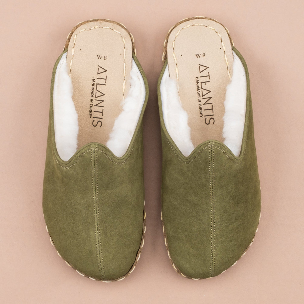 Women's Olive Barefoot Shearlings from Atlantis Handmade Shoes