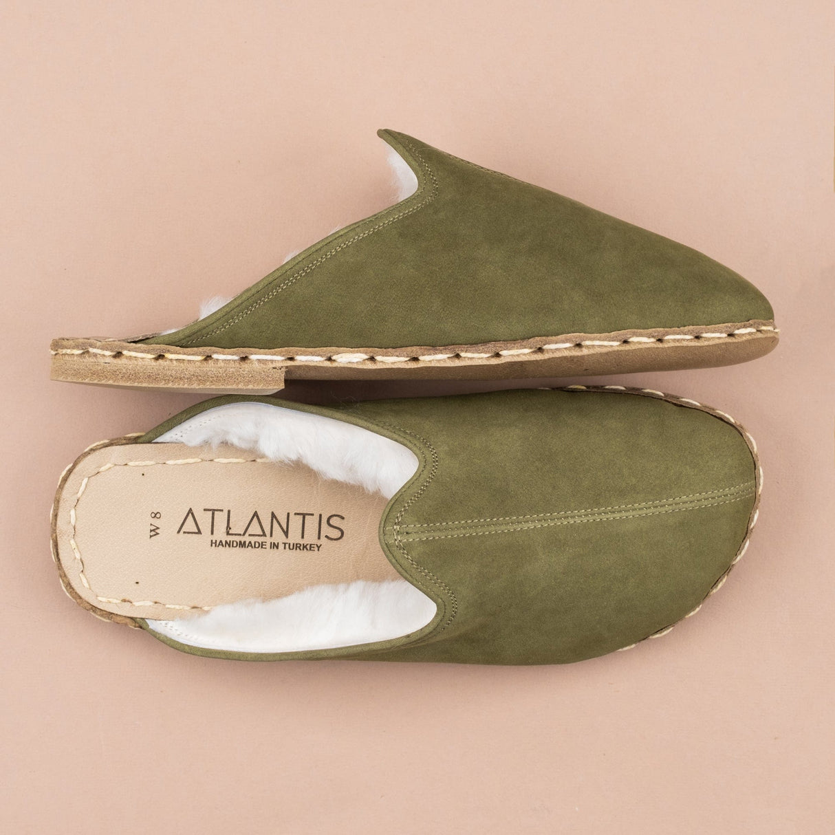 Women's Olive Barefoot Shearlings from Atlantis Handmade Shoes