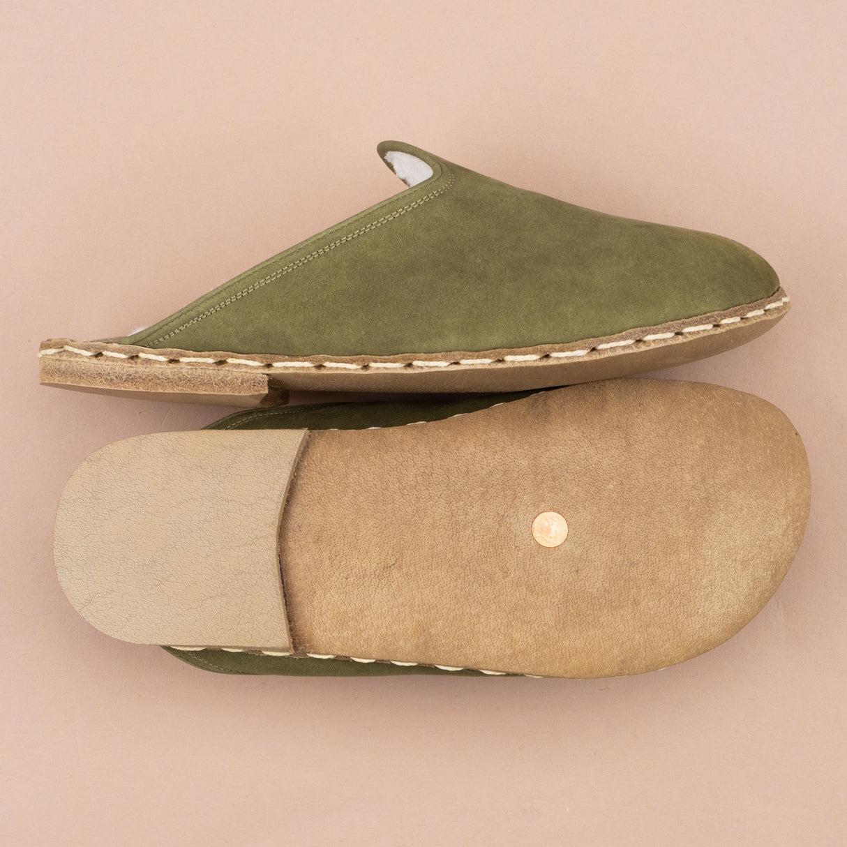 Women's Olive Barefoot Shearlings from Atlantis Handmade Shoes