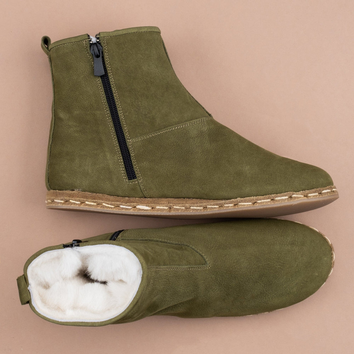 Men's Olive Shearling Boots from Atlantis Handmade Shoes