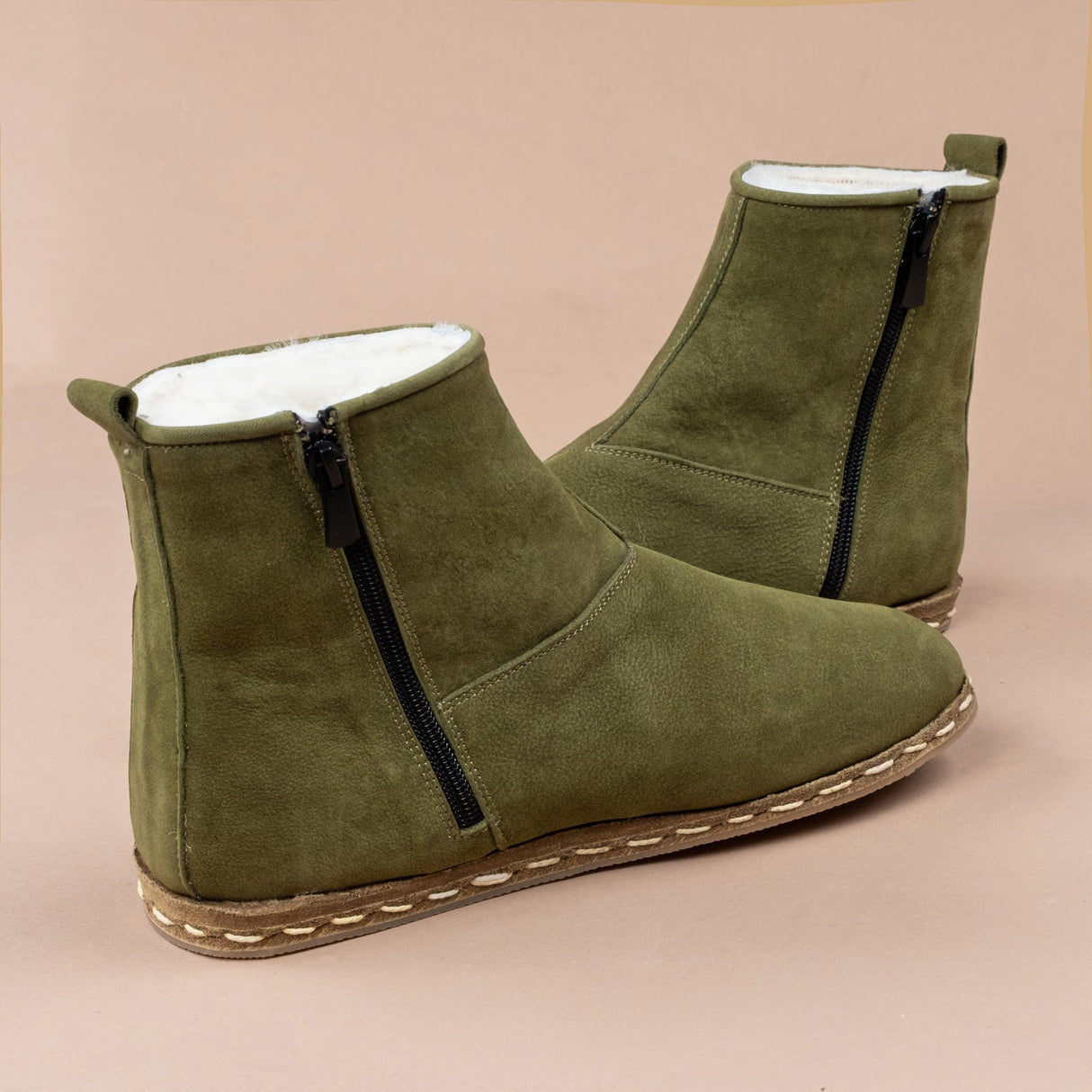 Women's Olive Shearling Boots from Atlantis Handmade Shoes