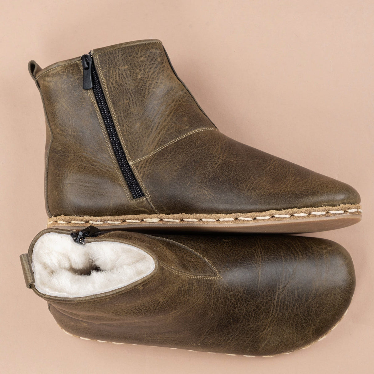 Men's Green Barefoot Boots with Fur From Atlantis Handmade Shoes