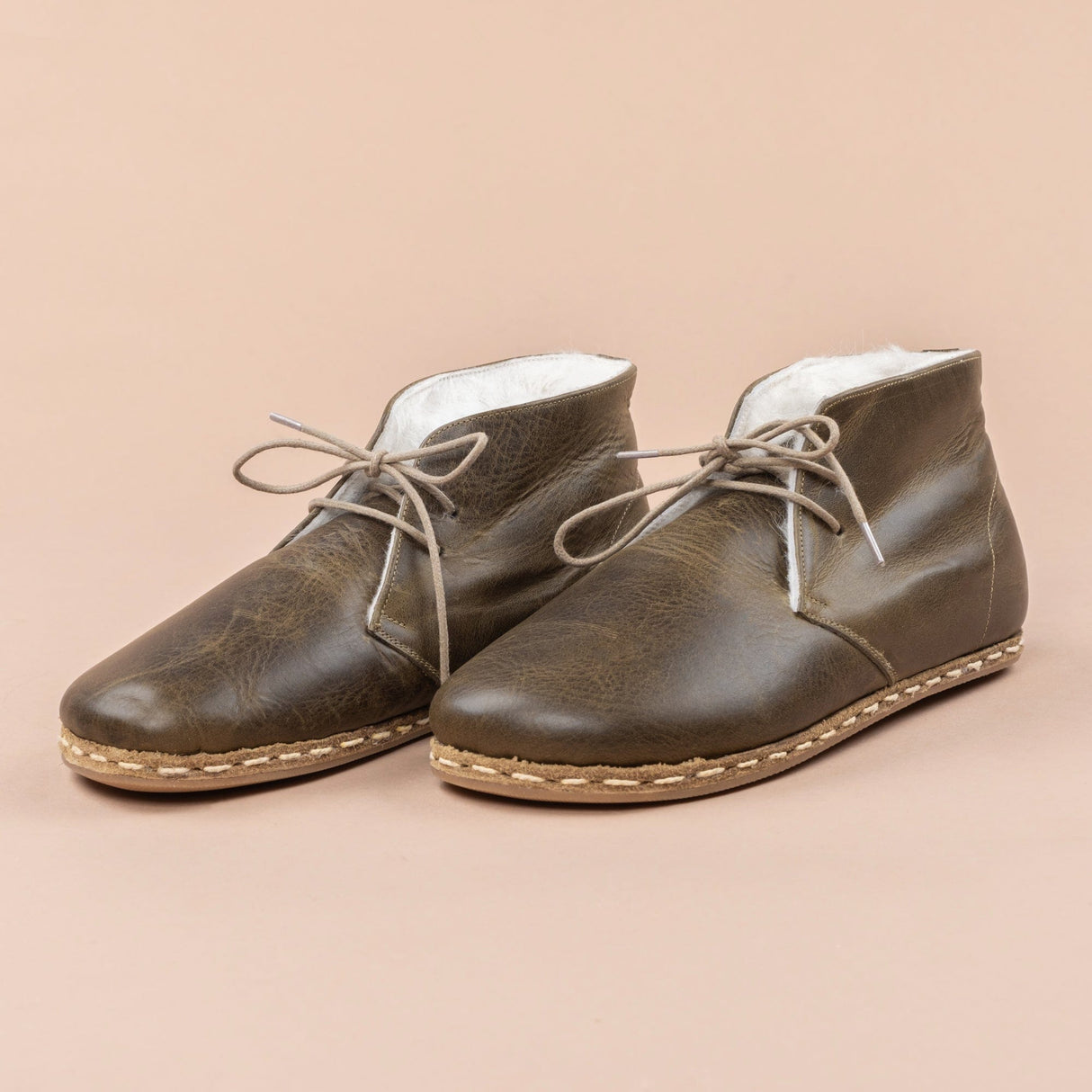 Women's Green Barefoot Oxford Boots with Fur from Atlantis Handmade Shoes