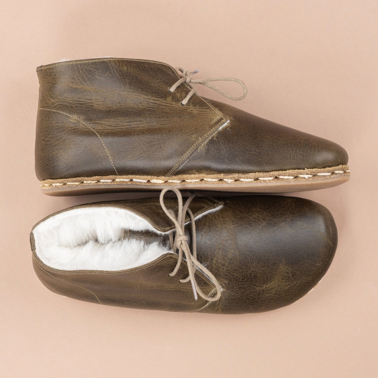 Women's Green Barefoot Oxford Boots with Fur from Atlantis Handmade Shoes