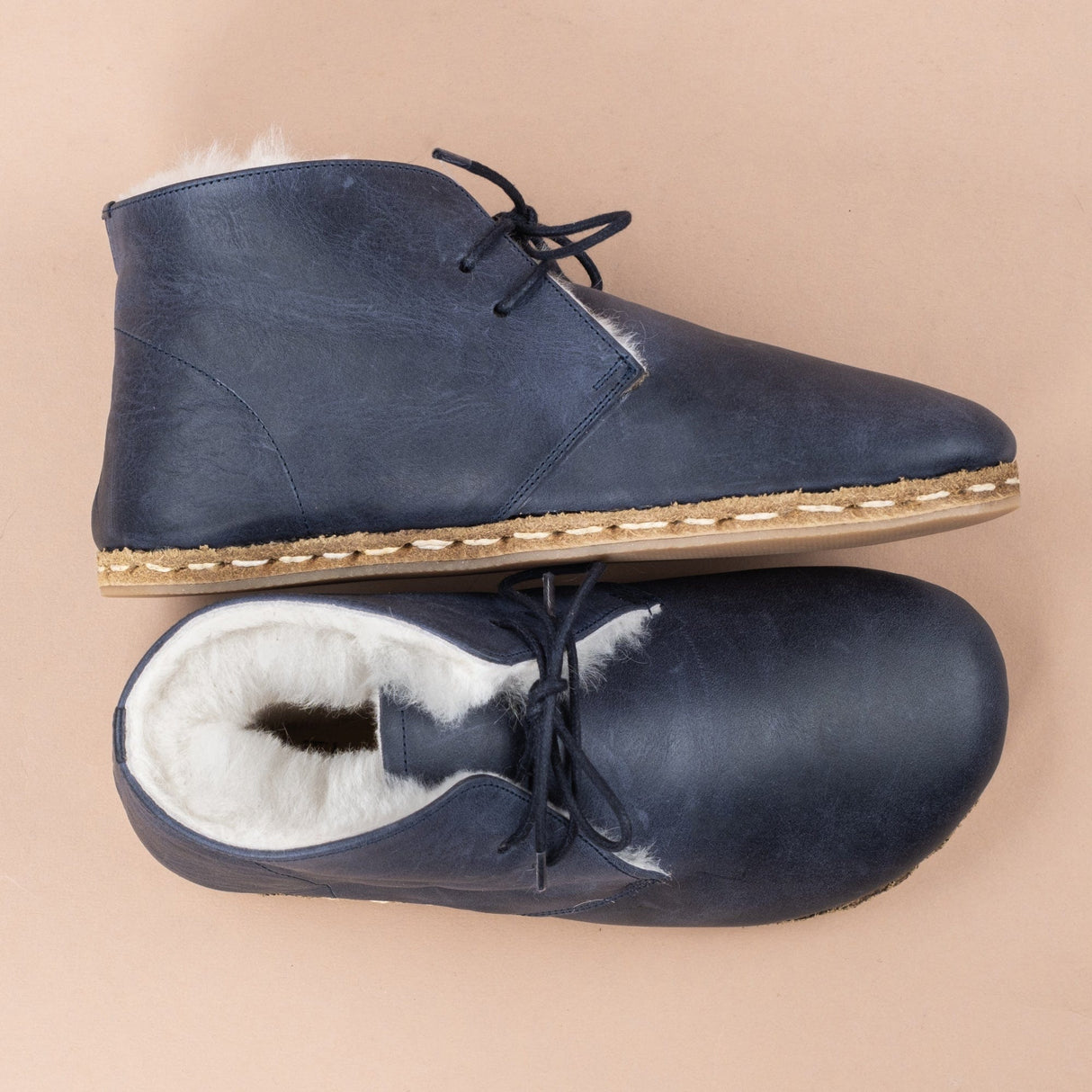 Women's Blue Barefoot Oxford Boots with Fur from Atlantis Handmade Shoes