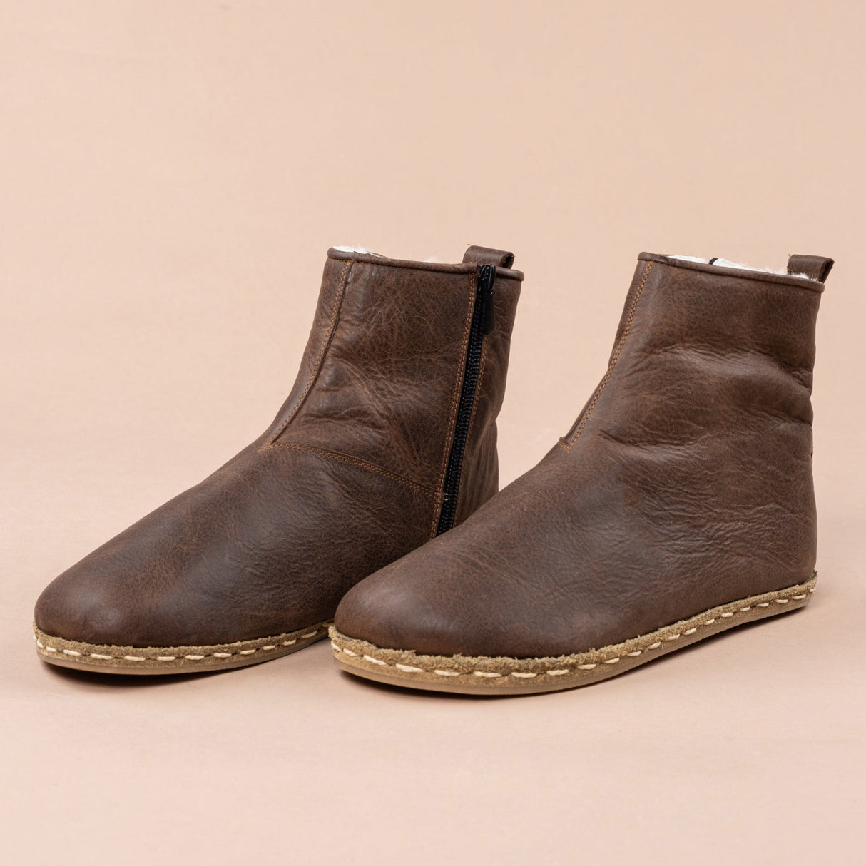 Men's Coffee Barefoot Boots with Fur From Atlantis Handmade Shoes