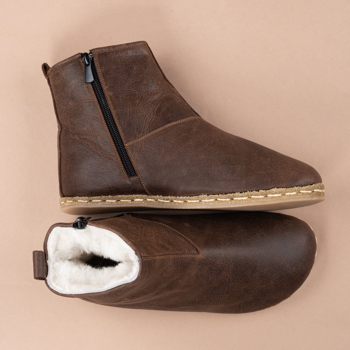 Men's Coffee Barefoot Boots with Fur From Atlantis Handmade Shoes