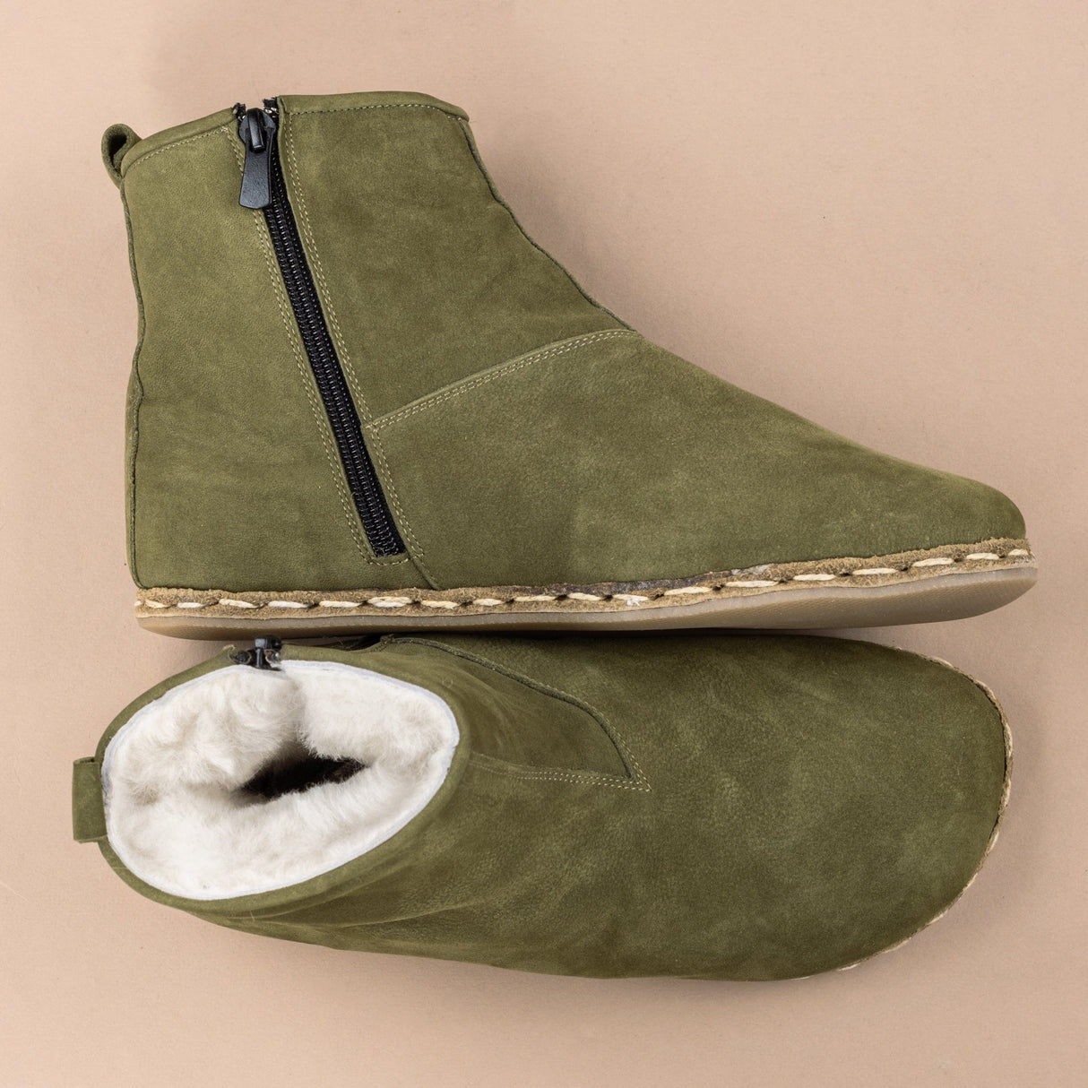 Women's Olive Barefoot Boots with Fur from Atlantis Handmade Shoes