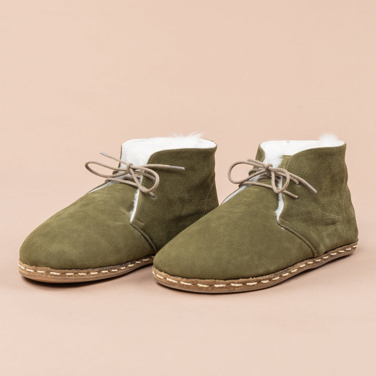 Men's Olive Barefoot Oxford Boots with Fur from Atlantis Handmade Shoes