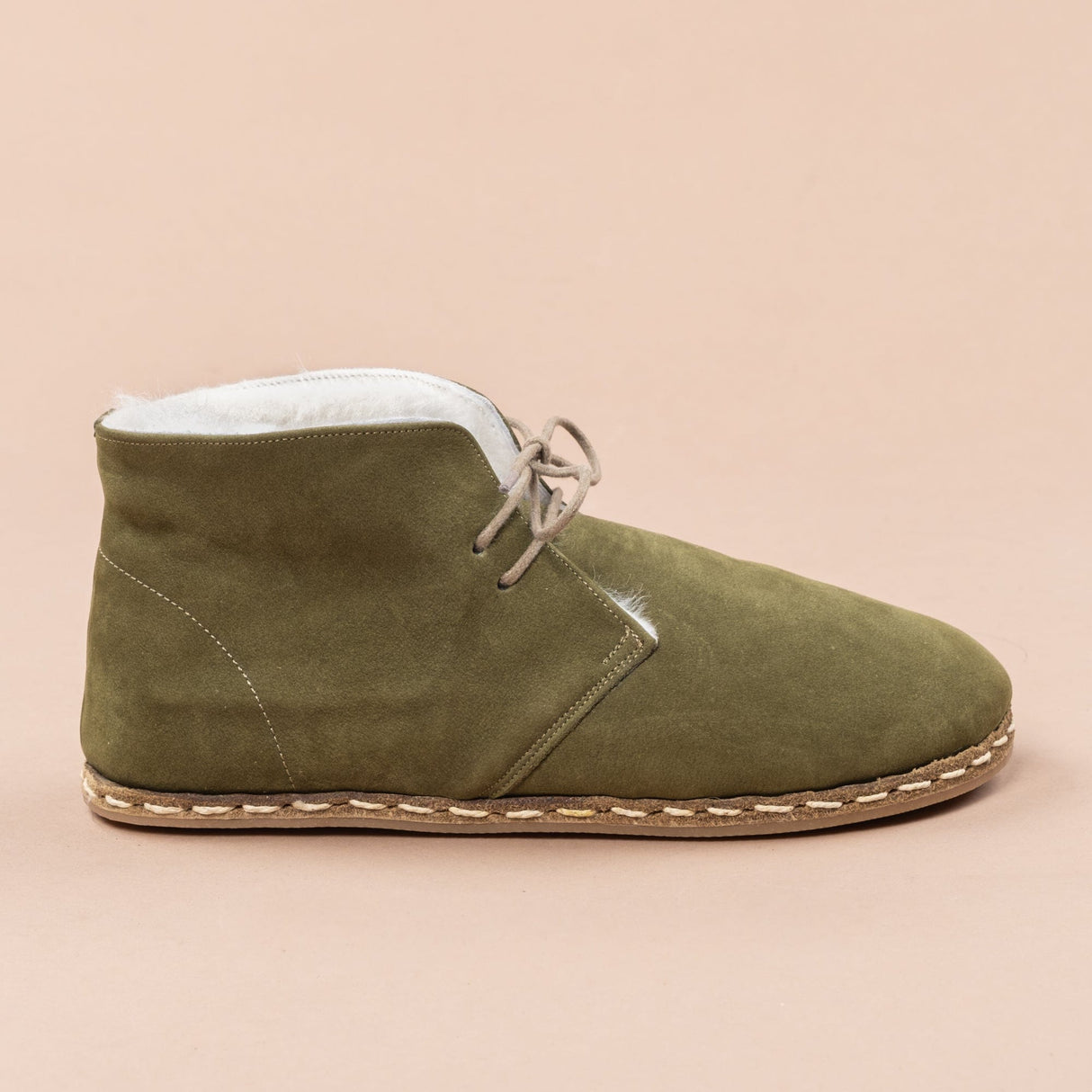 Women's Olive Barefoot Oxford Boots with Fur from Atlantis Handmade Shoes
