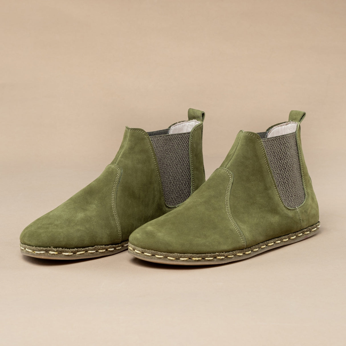 Women's Olive Barefoot Chelsea Boots from Atlantis Handmade Shoes