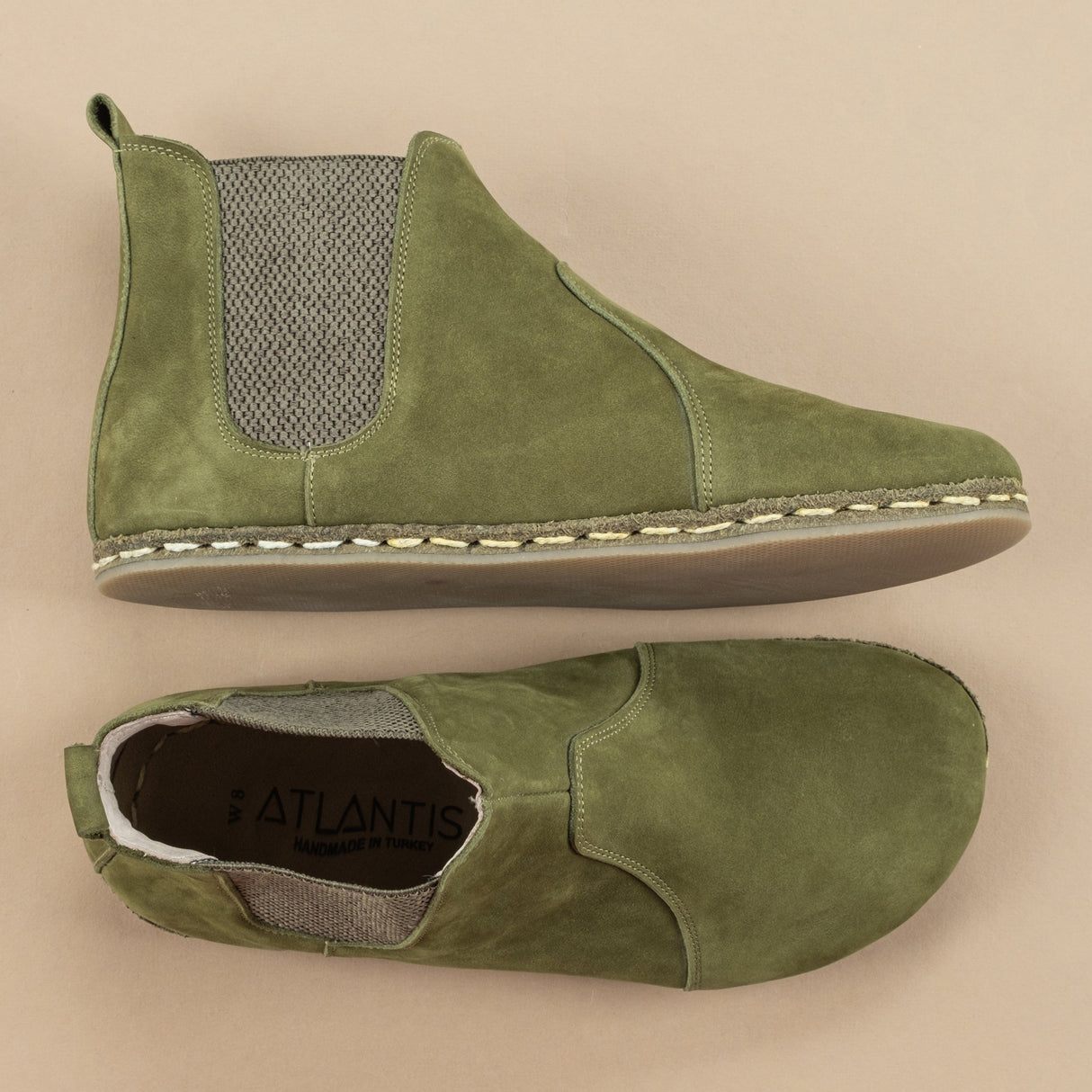 Men's Olive Barefoot Chelsea Boots from Atlantis Handmade Shoes