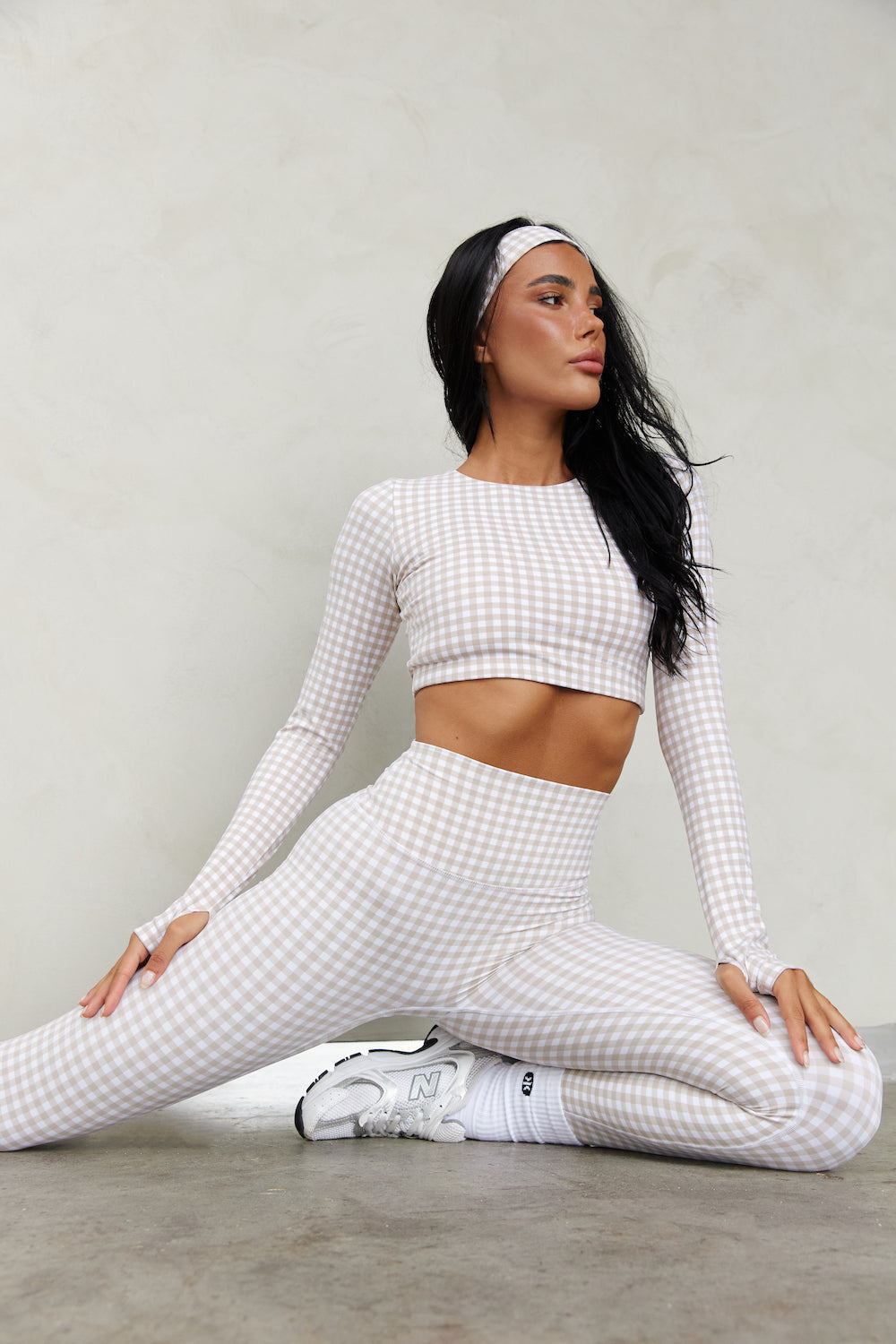 Astoria LUXE BALANCE Staple Sleeved Crop - Beige Gingham From Astoria Activewear