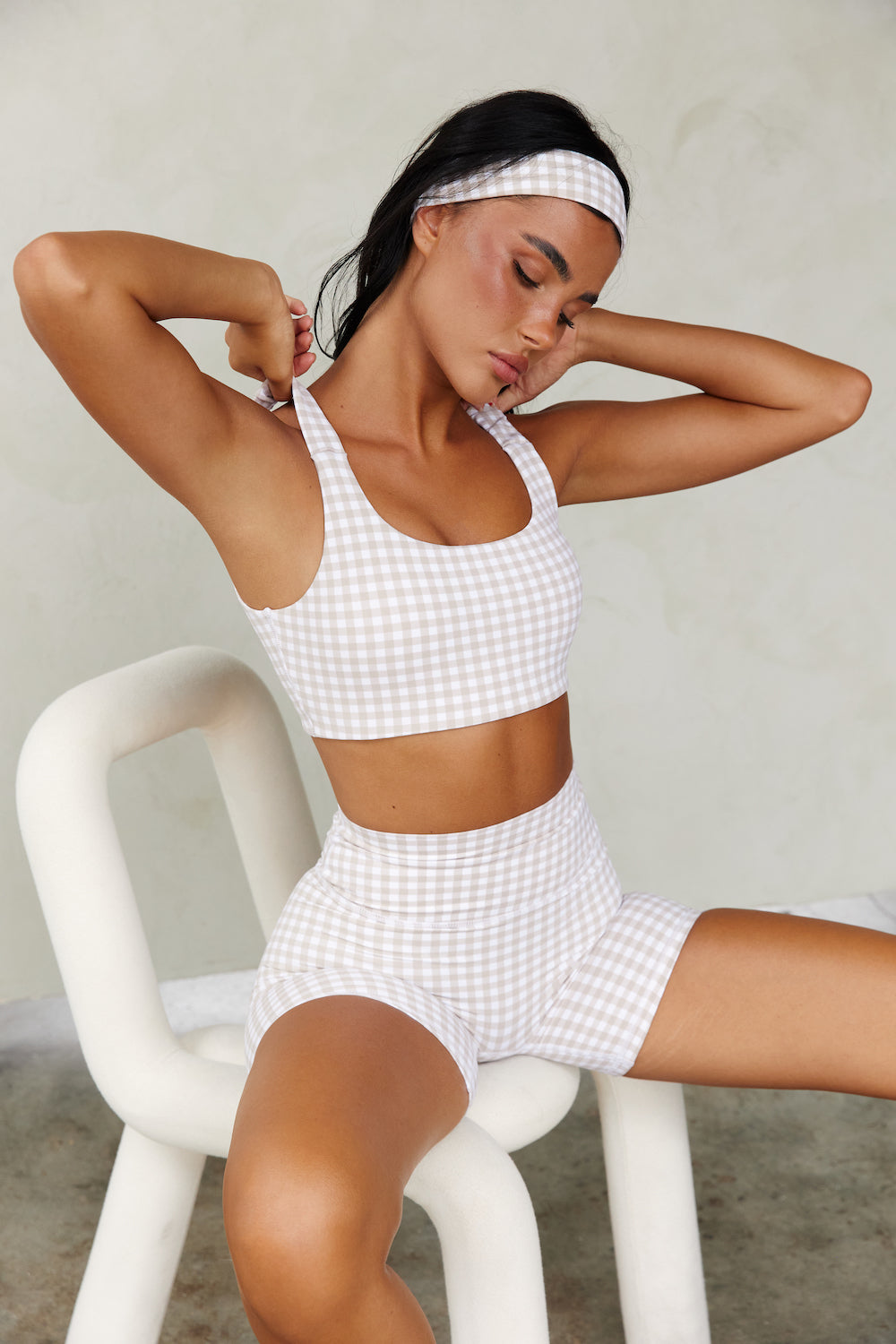 Astoria LUXE BALANCE Ruched Sports Crop - Beige Gingham From Astoria Activewear