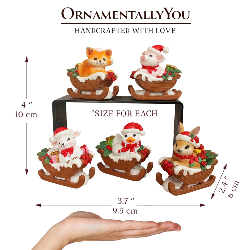 Christmas Critters Animals on Sleighs Set of Five Figurines, 5" Tabletop Holiday Animal Decor with Bunny, Piglet, Duckling, Lamb, and Fox from OrnamentallyYou