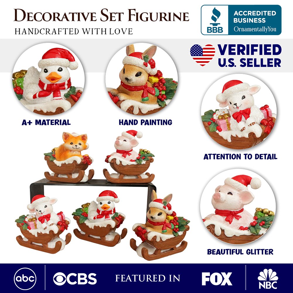 Christmas Critters Animals on Sleighs Set of Five Figurines, 5" Tabletop Holiday Animal Decor with Bunny, Piglet, Duckling, Lamb, and Fox from OrnamentallyYou