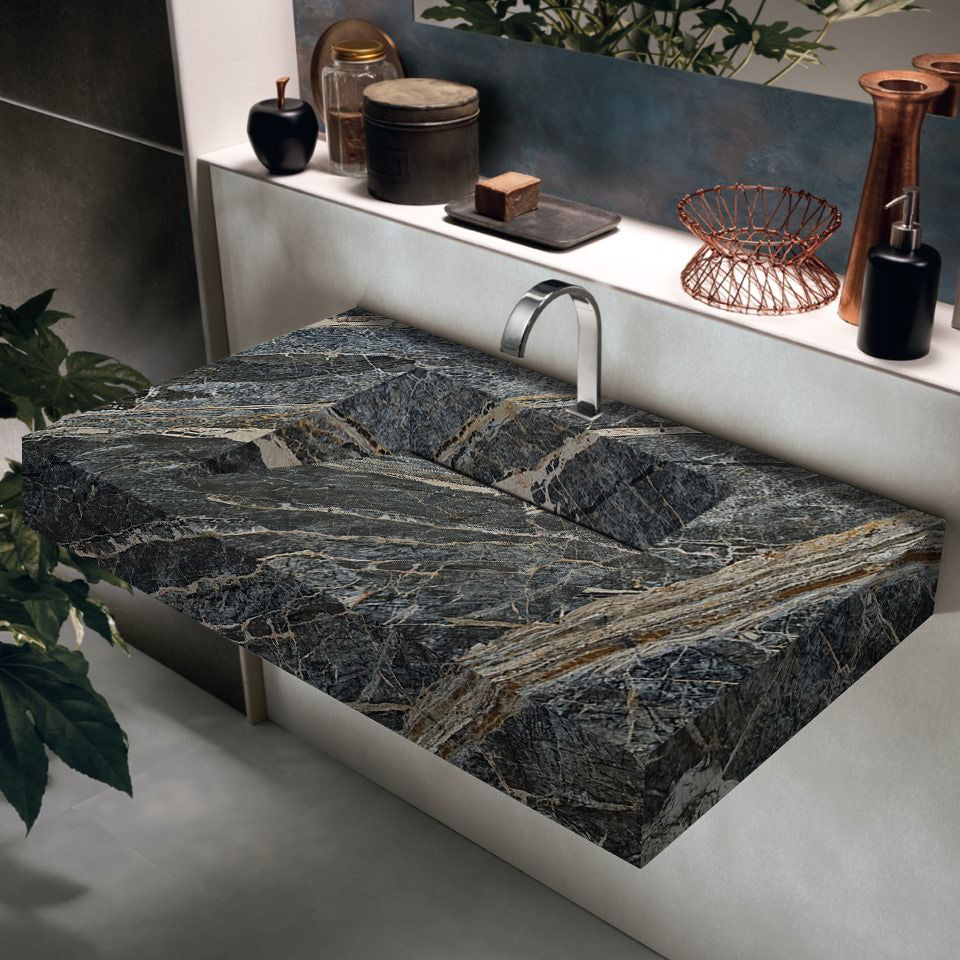 Adriatic Black Marble Modern Rectangular Sink Wall-mount Bathroom Sink (W)16" (L)30" (H)6" From Villohome