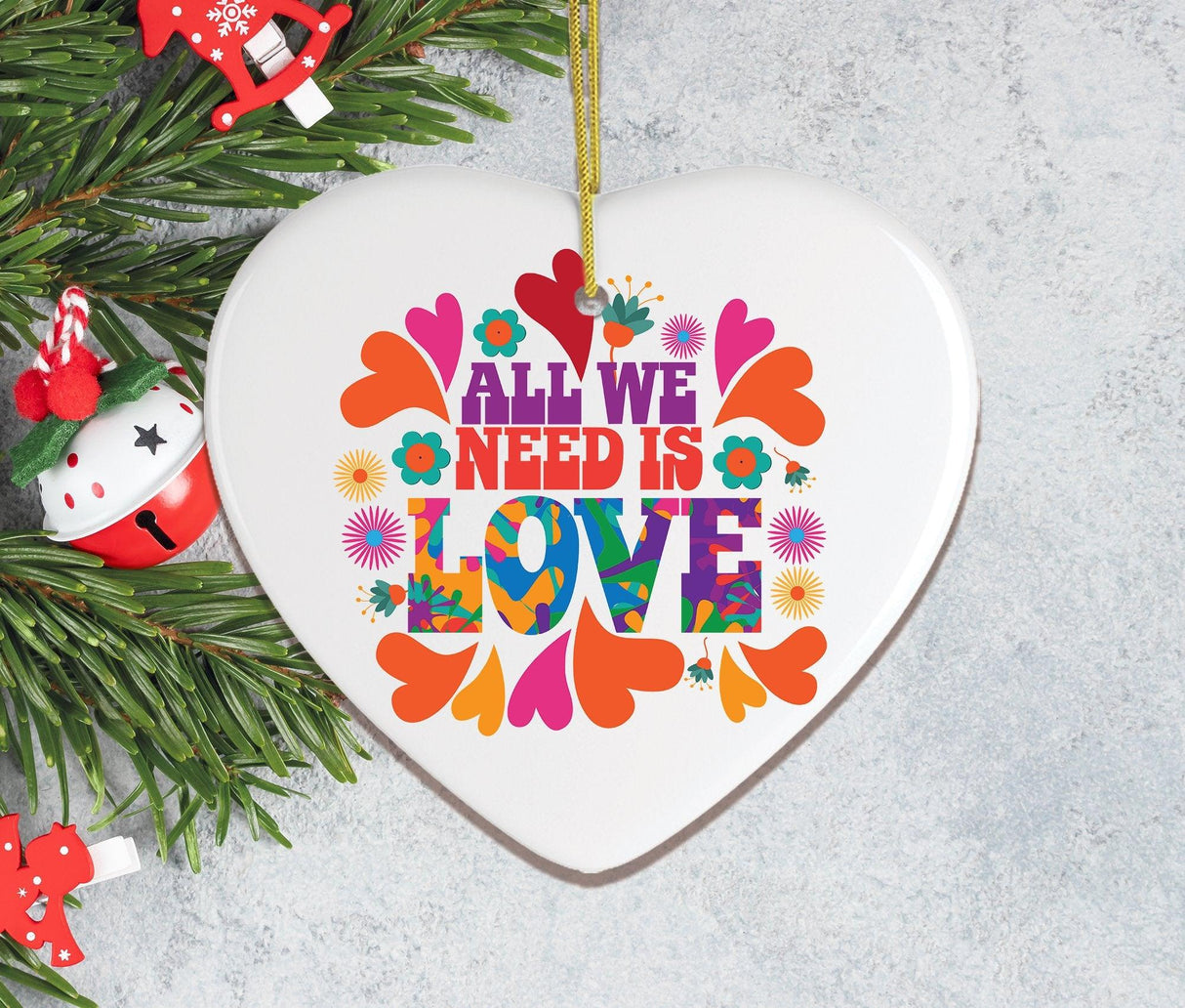 All We Need is Love Ornament, 1960s Hippy Psychedelic Style Christmas Decoration from OrnamentallyYou
