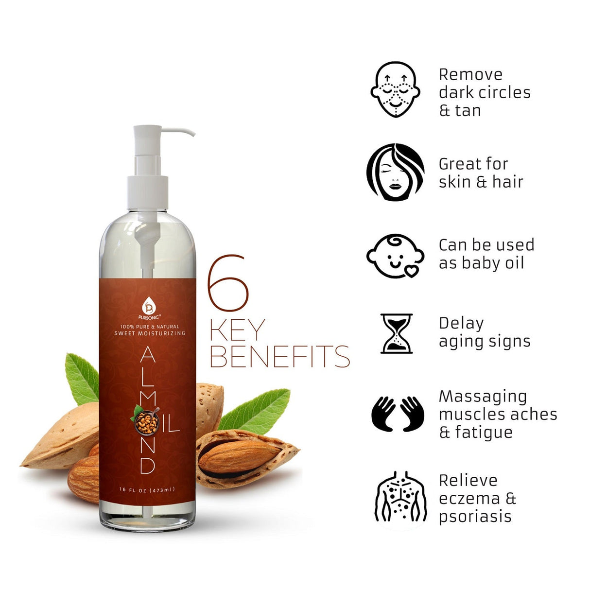 100% Pure & Natural Sweet Almond oil 16 Oz. from Pursonic