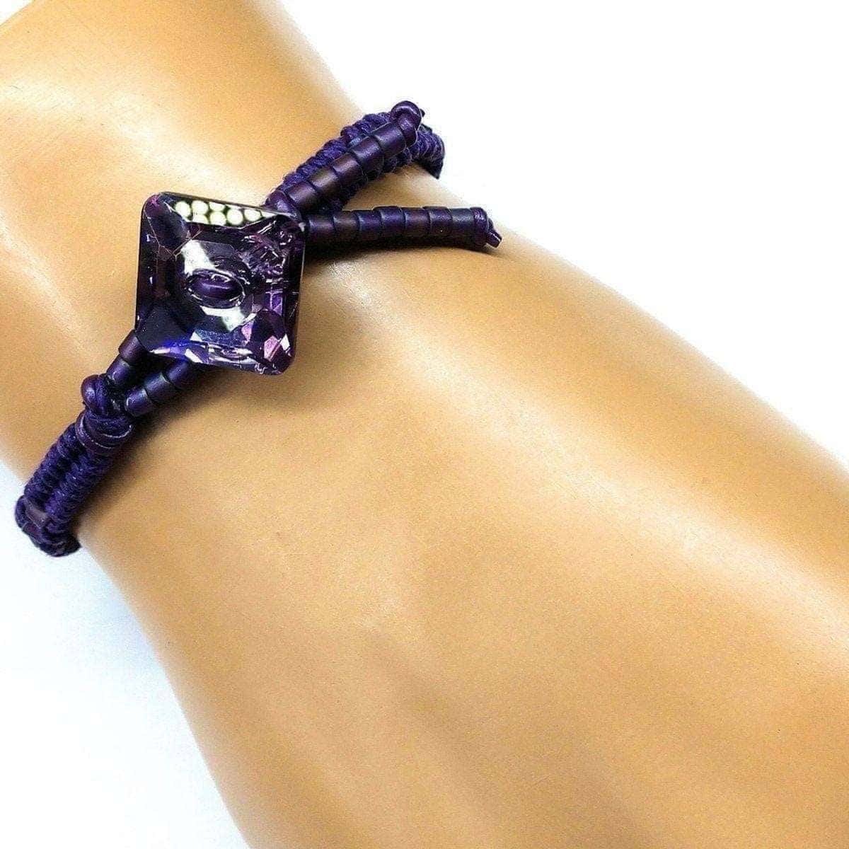 Amethyst Braided Leather Swarovski Crystal Square Button Bracelet from Alexa Martha Designs