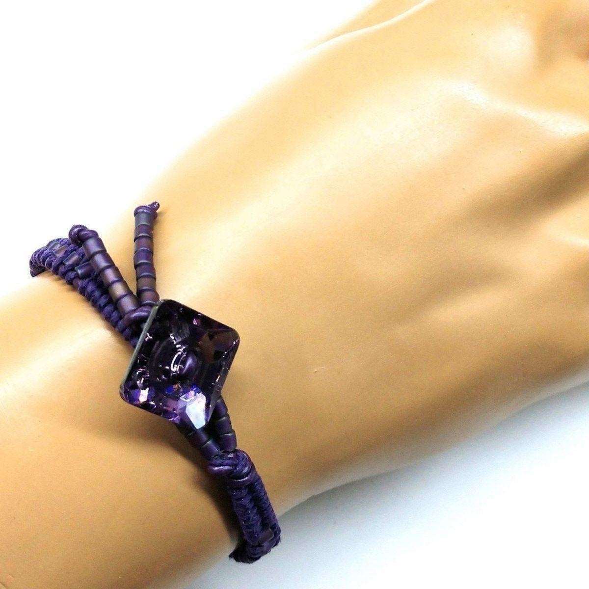 Amethyst Braided Leather Swarovski Crystal Square Button Bracelet from Alexa Martha Designs