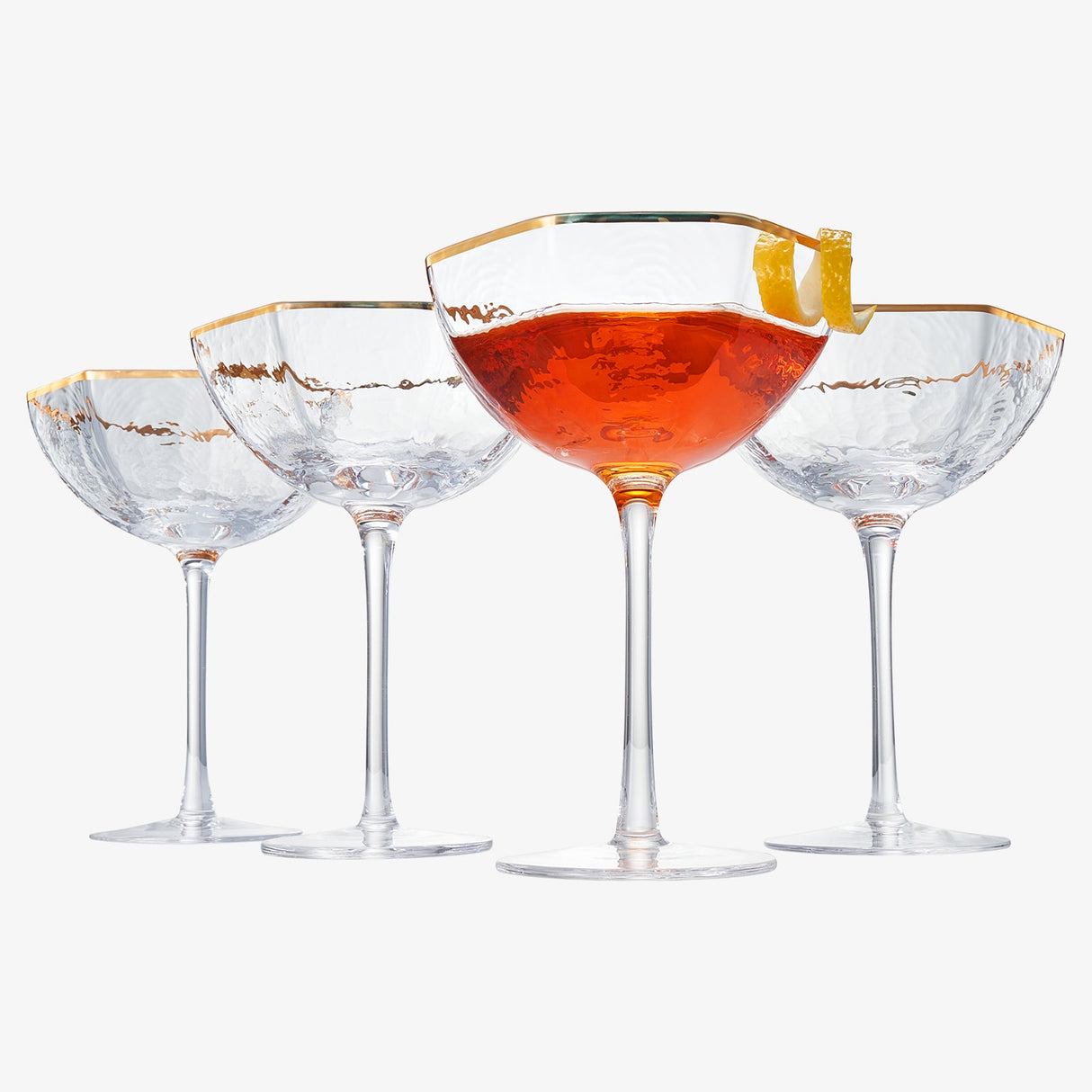Vintage Crystal Champagne Coupe Gold Rim Hexagonal Angled Glasses | Set of 4 | 6 oz, Art Deco Rim Classic Cocktail Glassware - Martini, Cosmopolitan, Sidecar, Daiquiri | 1920s Style Saucer Goblets from The Wine Savant