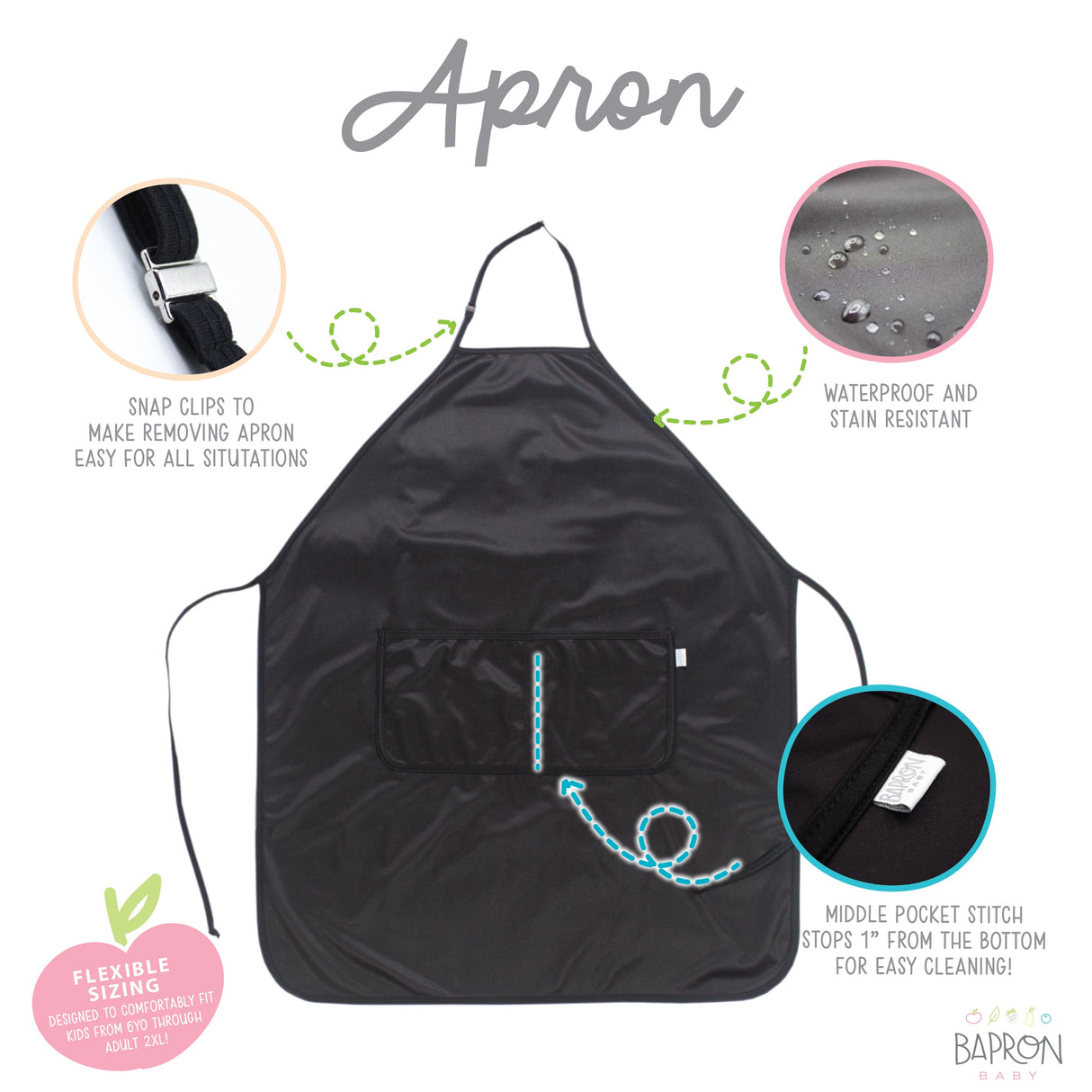 Solid Black Minimalist Apron - fits sizes youth small through adult 2XL from BapronBaby