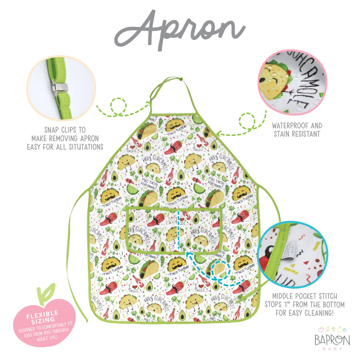 Taco Party Apron - fits sizes youth small through adult 2XL from BapronBaby