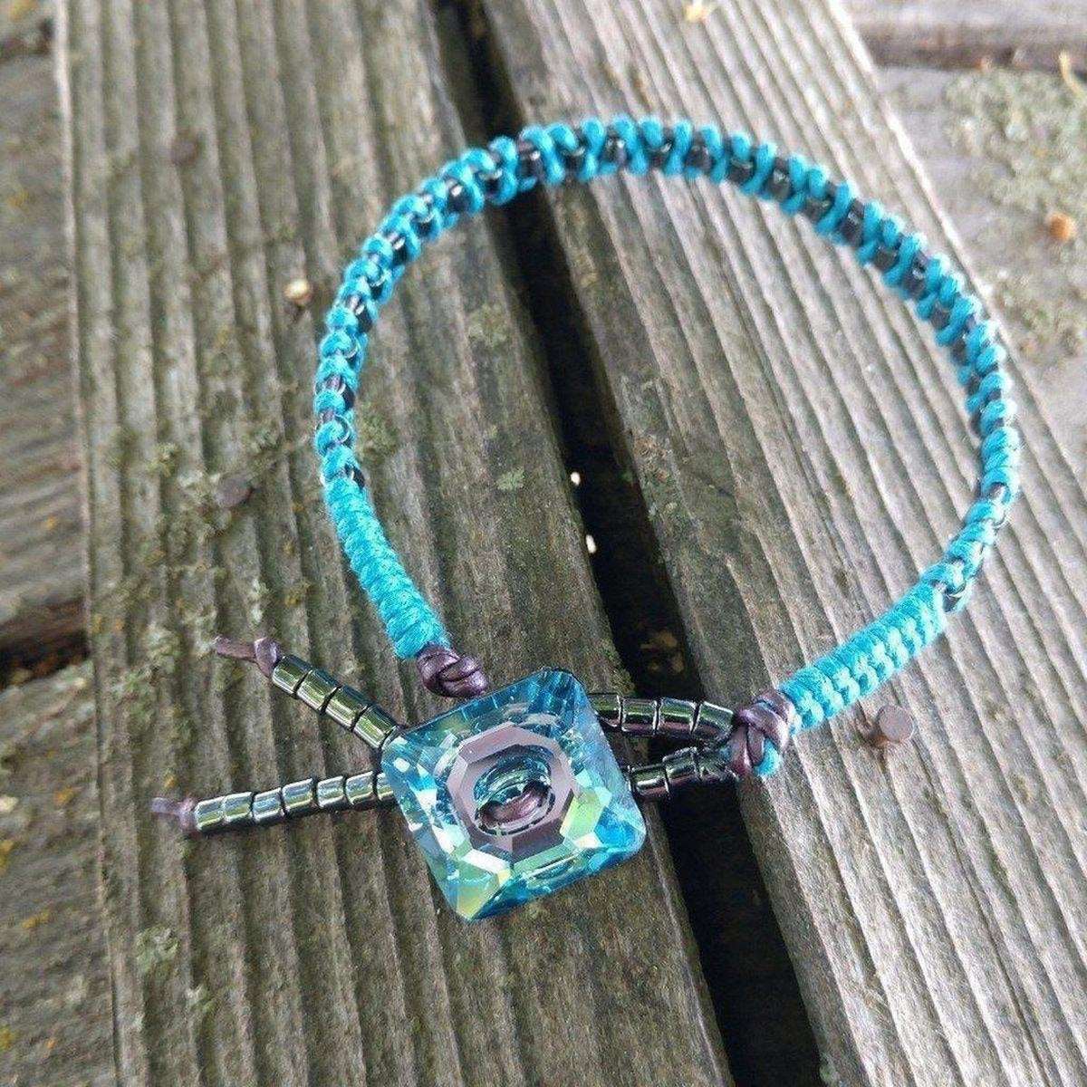 Aqua Hematite Bead Braided Square Swarovski Crystal Button Bracelet from Alexa Martha Designs
