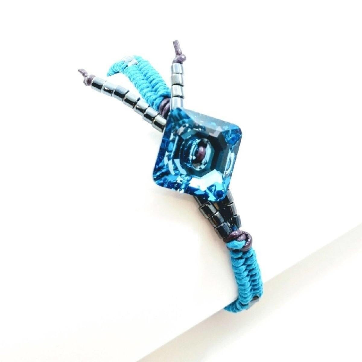 Aqua Hematite Bead Braided Square Swarovski Crystal Button Bracelet from Alexa Martha Designs