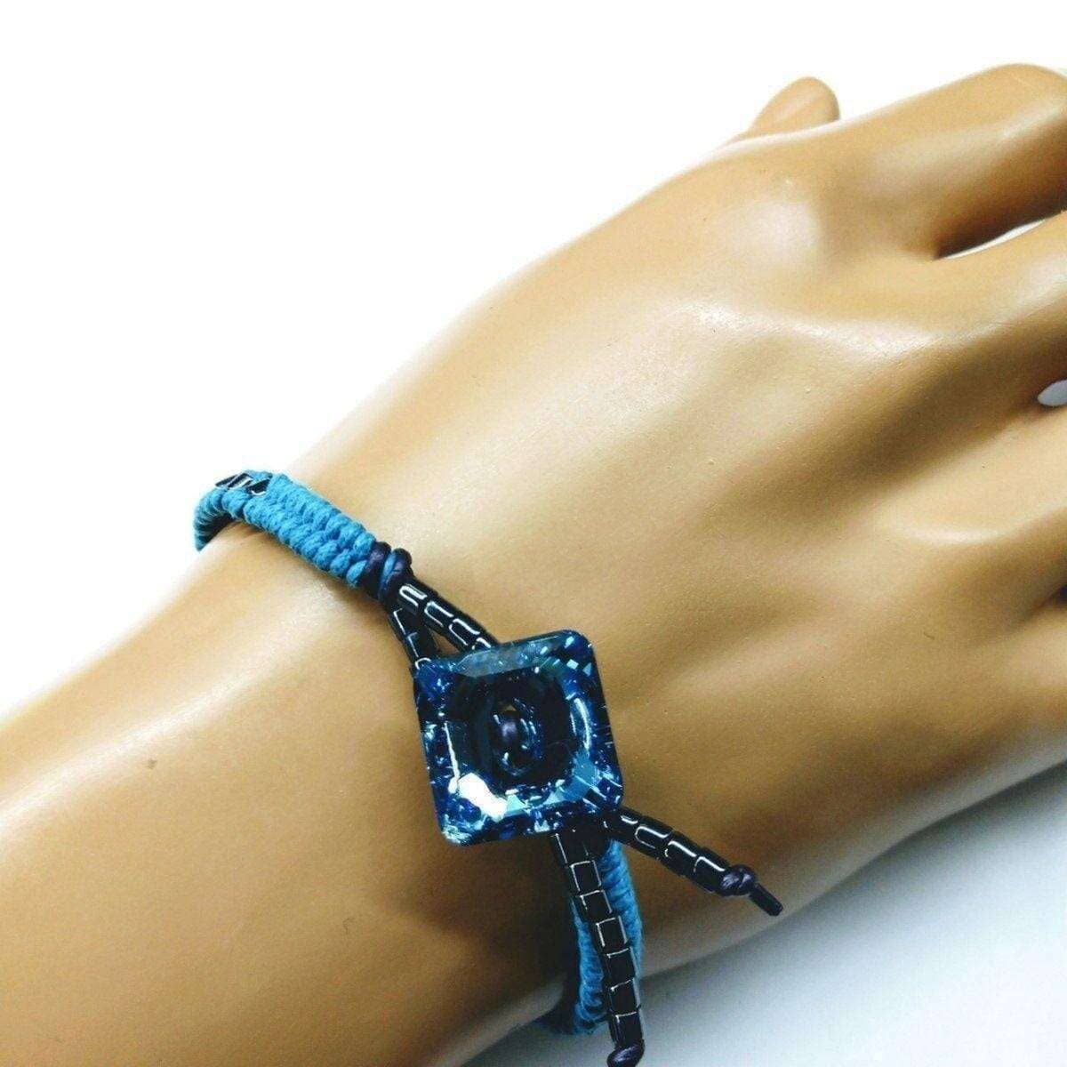 Aqua Hematite Bead Braided Square Swarovski Crystal Button Bracelet from Alexa Martha Designs