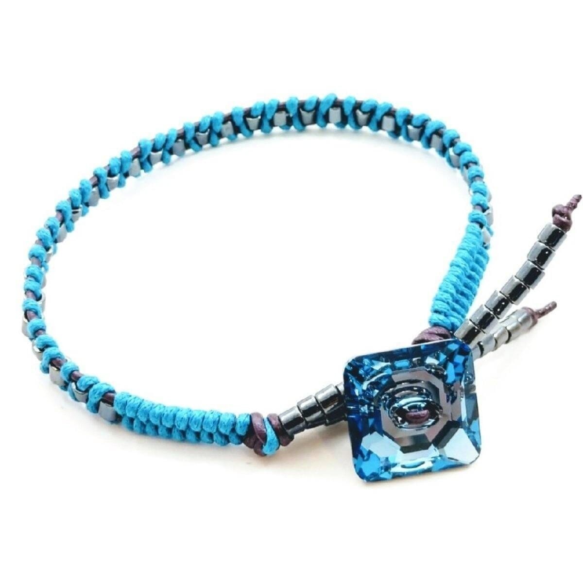 Aqua Hematite Bead Braided Square Swarovski Crystal Button Bracelet from Alexa Martha Designs