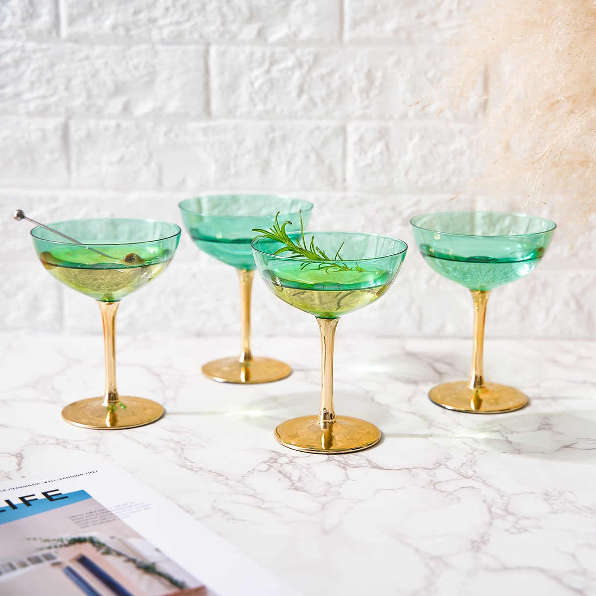 Colored Coupe Art Deco Glasses, Gold | Set of 4 | 8 oz Classic Cocktail Glassware for Champagne, Martini, Manhattan, Sidecar, Crystal Speakeasy Style Goblets Stems (Green) from The Wine Savant