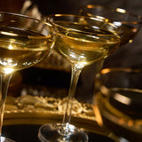 Vintage Crystal Champagne Coupe Gold Rim Glasses | Set of 2 | 7 oz, Gilded Rim Classic Cocktail Glassware - Martini, Manhattan, Cosmopolitan, Sidecar, Daiquiri | 1920s Style Saucer Goblets | Gift Box from The Wine Savant
