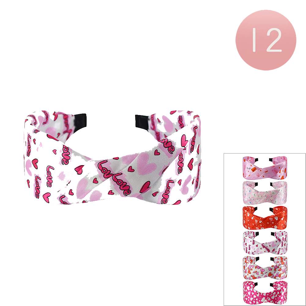 12PCS - Love Heart Printed Knot Satin Like Headbands from Madeline Love