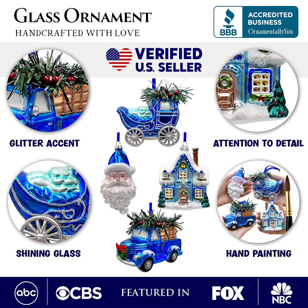 A Marvelous Blue Christmas Set of Four Glass Ornaments with Santa, Truck, Snow Cabin and Sleigh from OrnamentallyYou