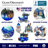 A Marvelous Blue Christmas Set of Four Glass Ornaments with Santa, Truck, Snow Cabin and Sleigh from OrnamentallyYou