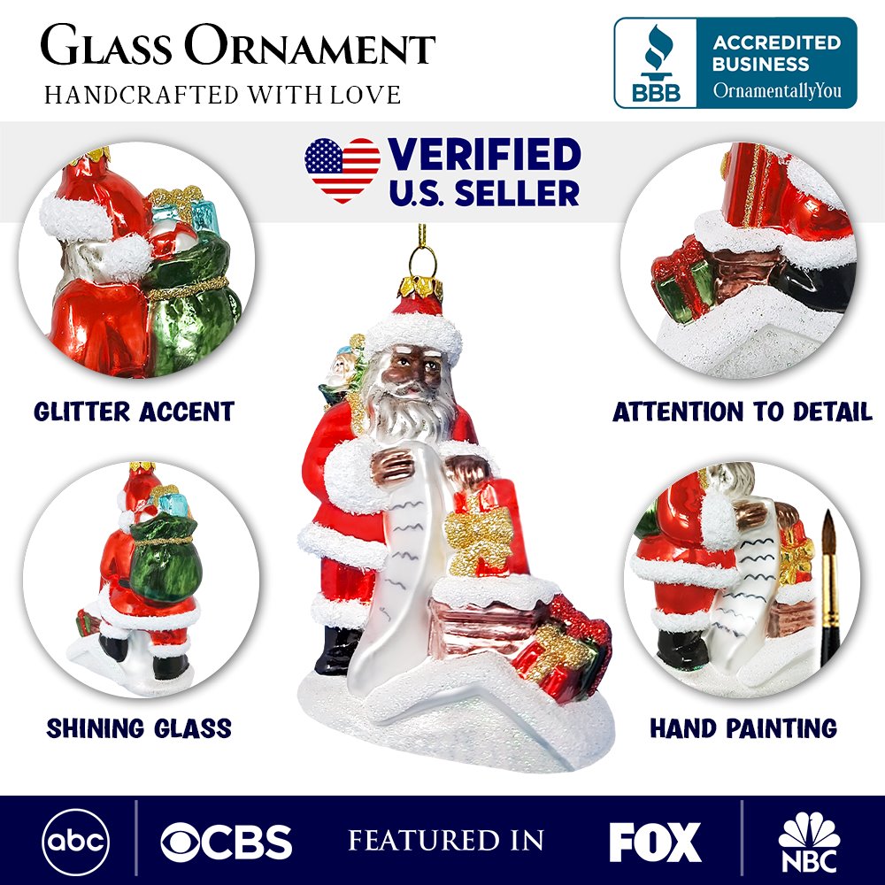 Black Santa and His List Glass Christmas Ornament, African American Tree Decor from OrnamentallyYou