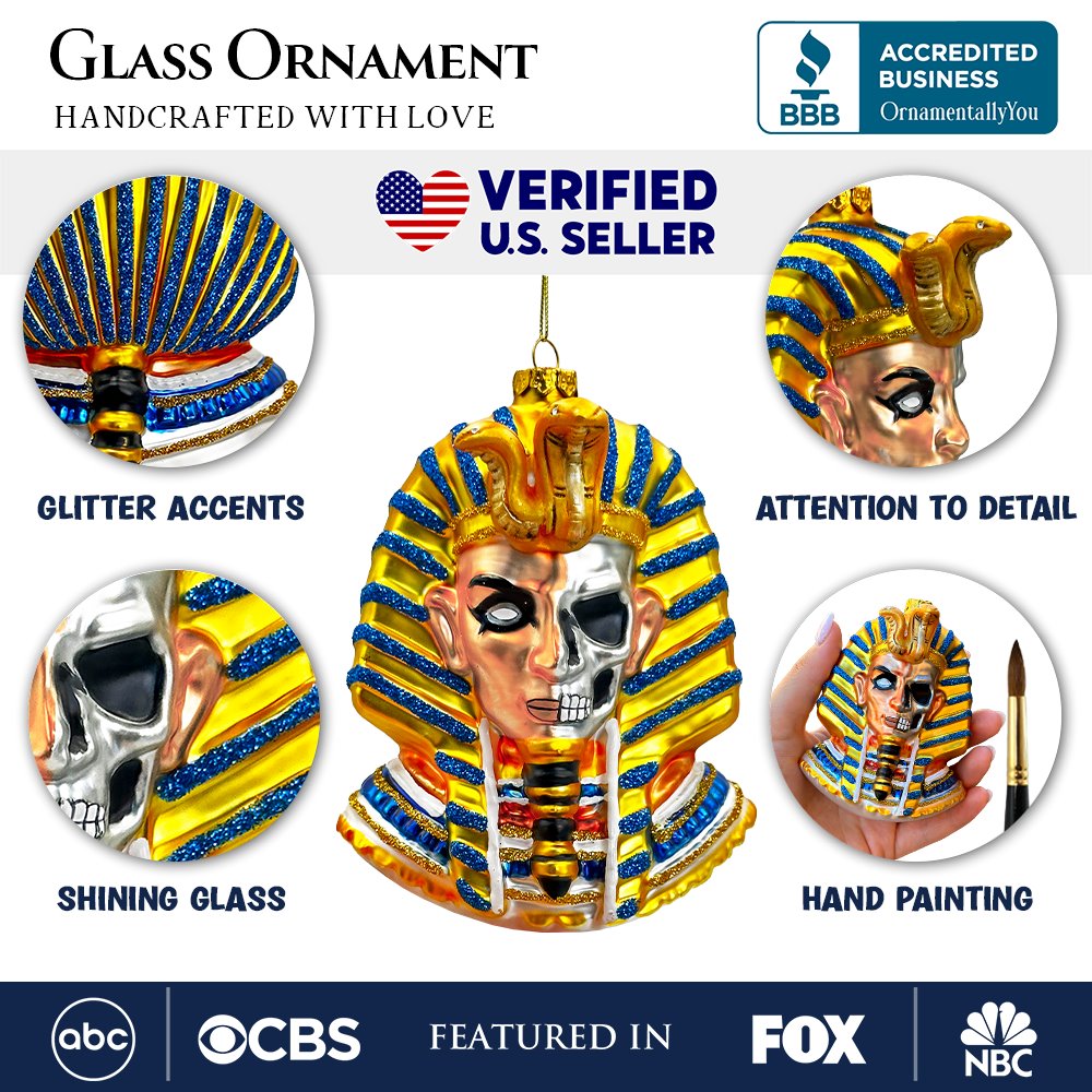 Evil Egyptian Pharoah Half Skull Head Glass Ornament, Gothic Halloween Tree Decor from OrnamentallyYou